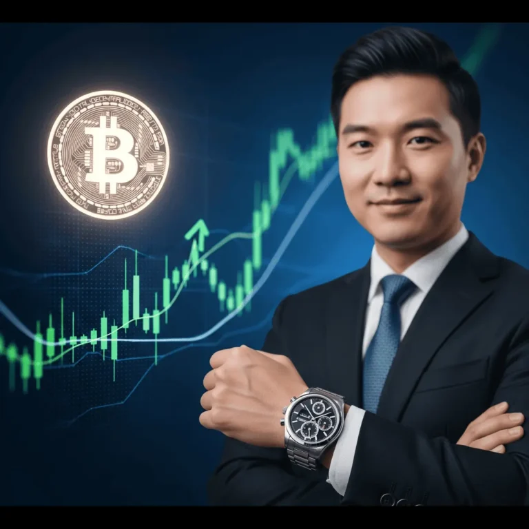 Corporate leader wearing a luxury watch while viewing a digital dashboard of Bitcoin treasury assets, representing WiseLink's historic investment in a Taiwanese firm.